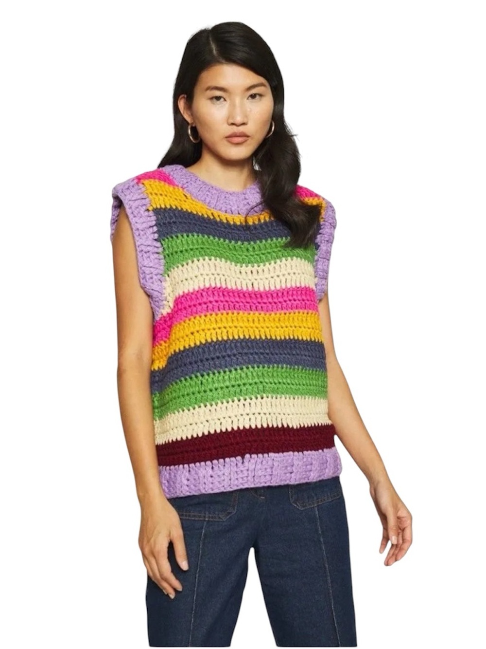 🔥 🆕 FARM Rio Vibrant Striped Crochet Vest in Lavender, Pink & Green